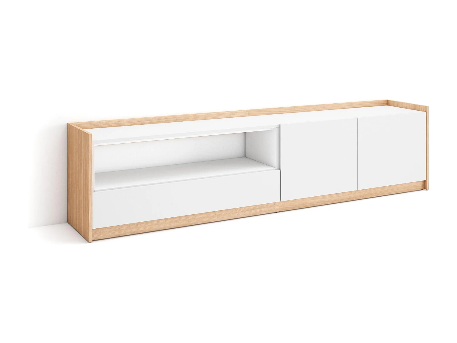 TV-Schrank, Lowboard, 207x50x37 cm, Für TV-Geräte bis zu 80", Fernsehtisch, Weiß und Eiche Soft