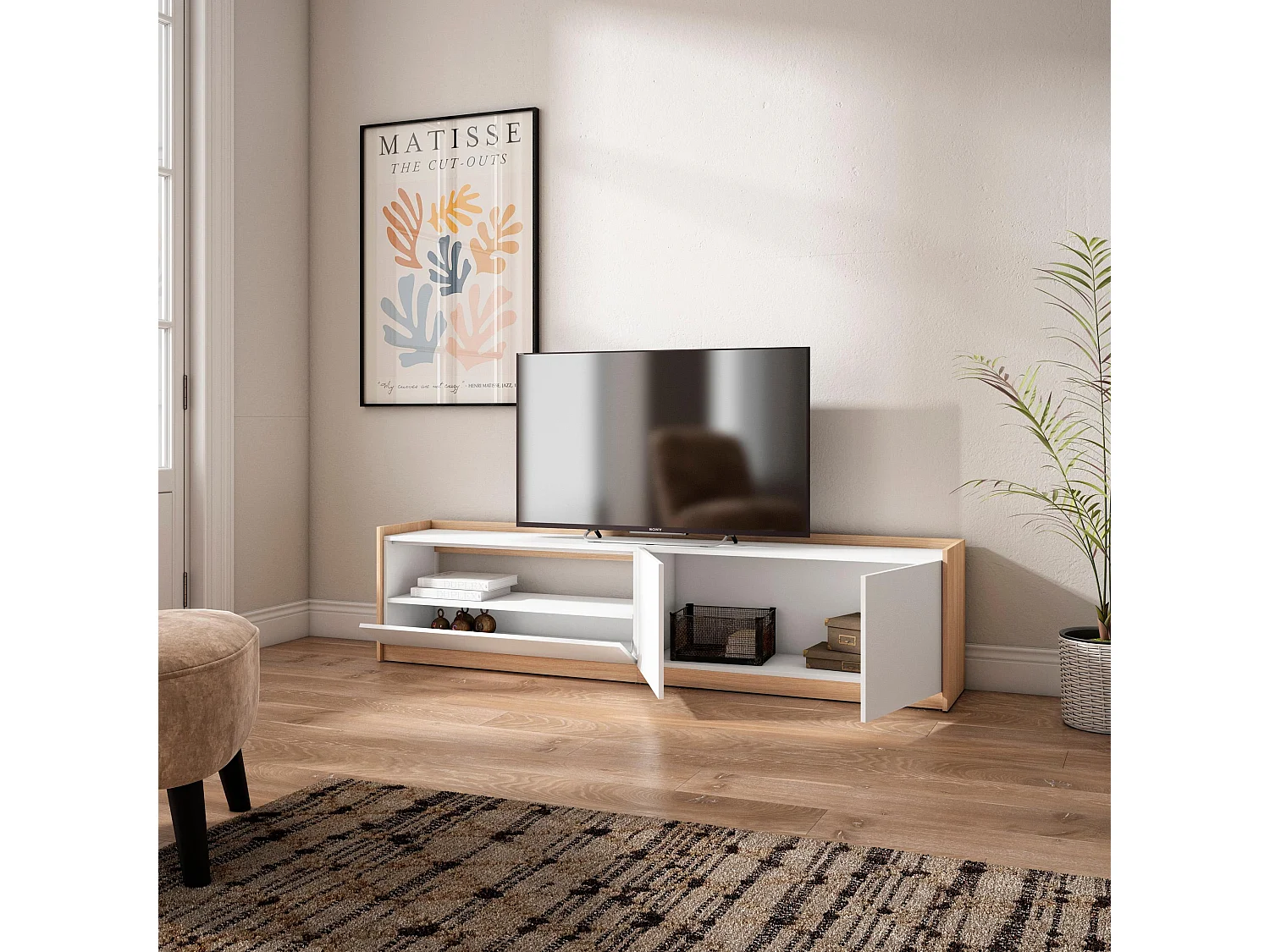TV-Schrank, Lowboard, 207x50x37 cm, Für TV-Geräte bis zu 80", Fernsehtisch, Weiß und Eiche Soft
