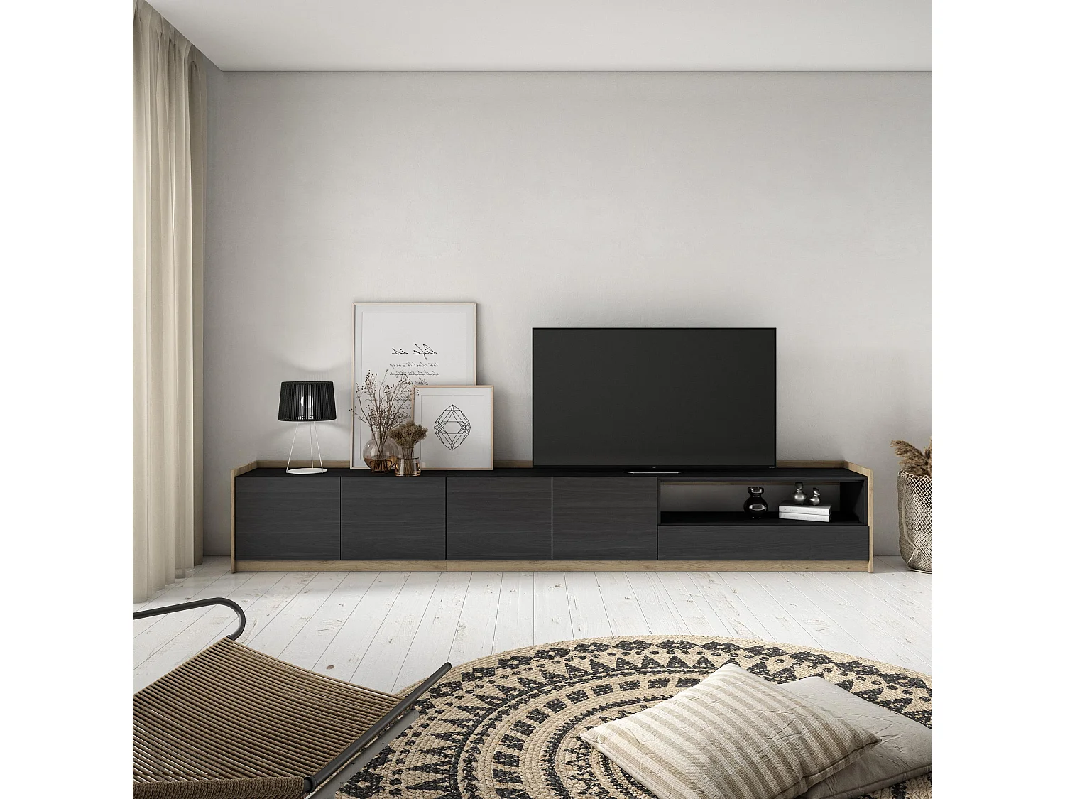 TV-Schrank, Lowboard, 310x50x37 cm, Für TV-Geräte bis zu 80", Fernsehtisch, Schwarz Eiche