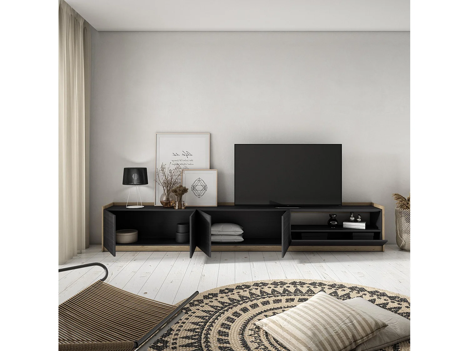 TV-Schrank, Lowboard, 310x50x37 cm, Für TV-Geräte bis zu 80", Fernsehtisch, Schwarz Eiche