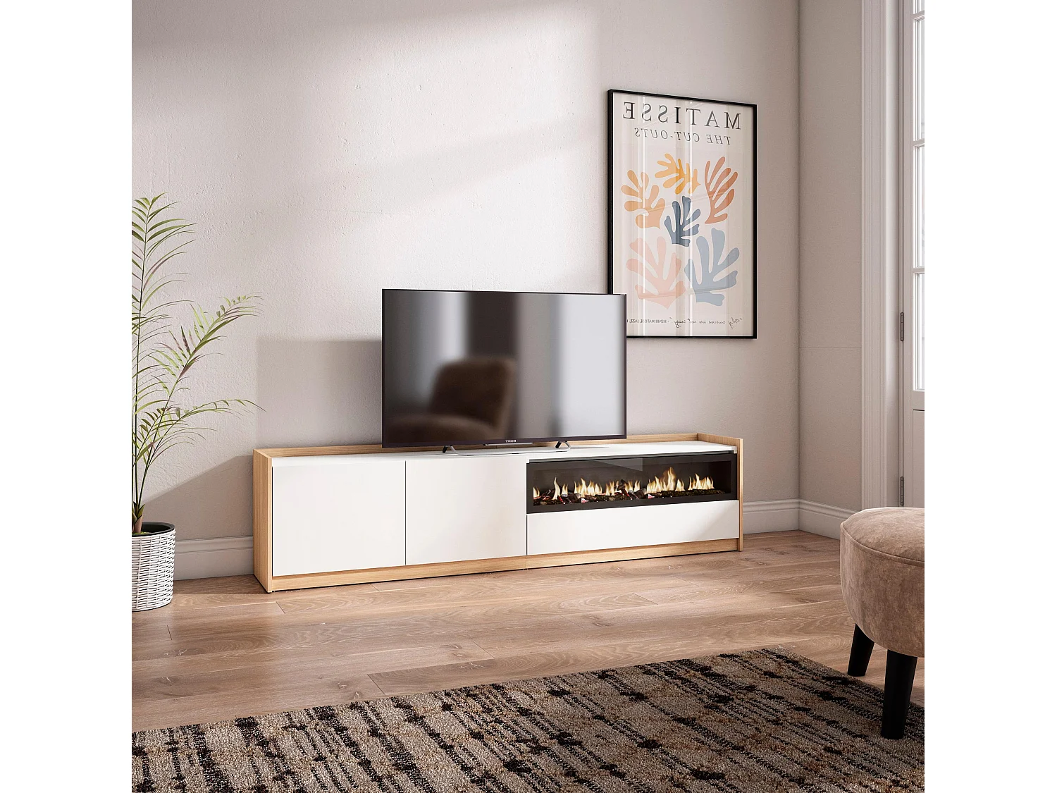 TV-Schrank, Lowboard, 207x50x37 cm, Für TV-Geräte bis zu 80", Elektrokamin., Weiß und Eiche Soft