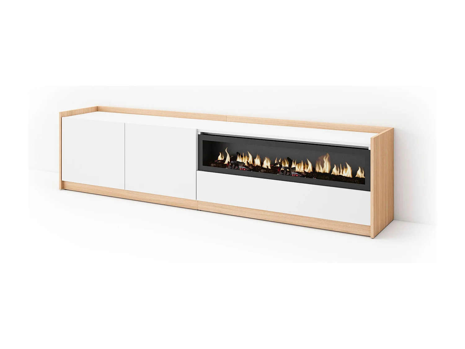 TV-Schrank, Lowboard, 207x50x37 cm, Für TV-Geräte bis zu 80", Elektrokamin., Weiß und Eiche Soft