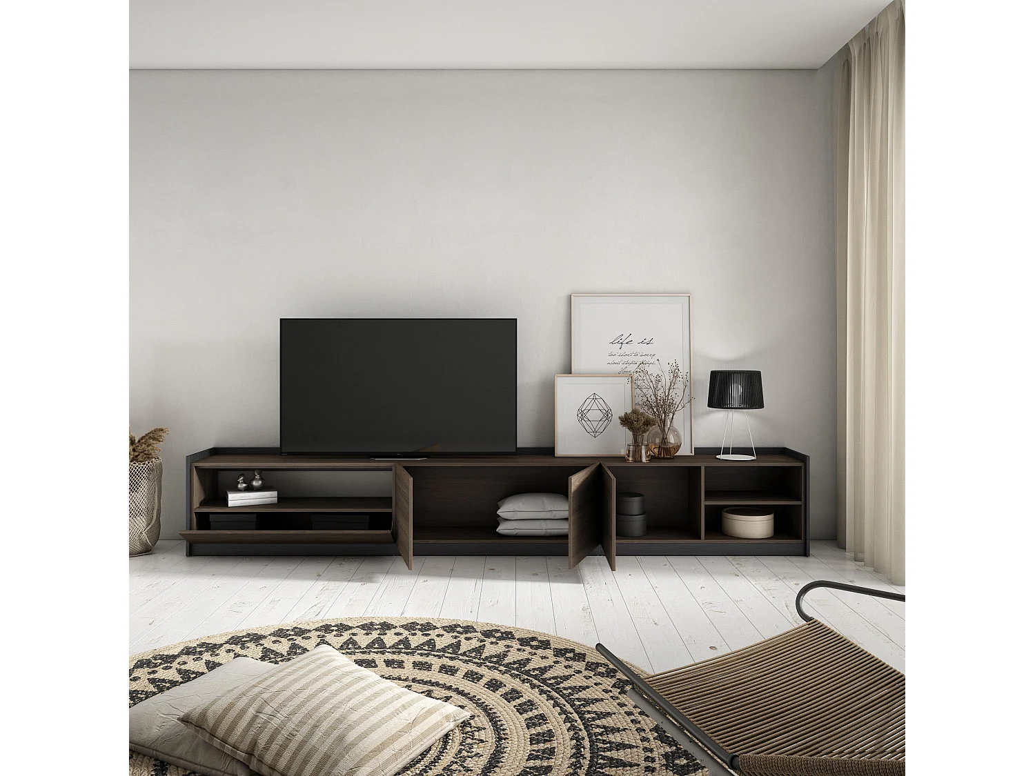 Meuble TV, Banc Télé, 310x50x37 cm, Pour les TV jusqu'à 80", Meubles de salon, Chêne foncé et Noir