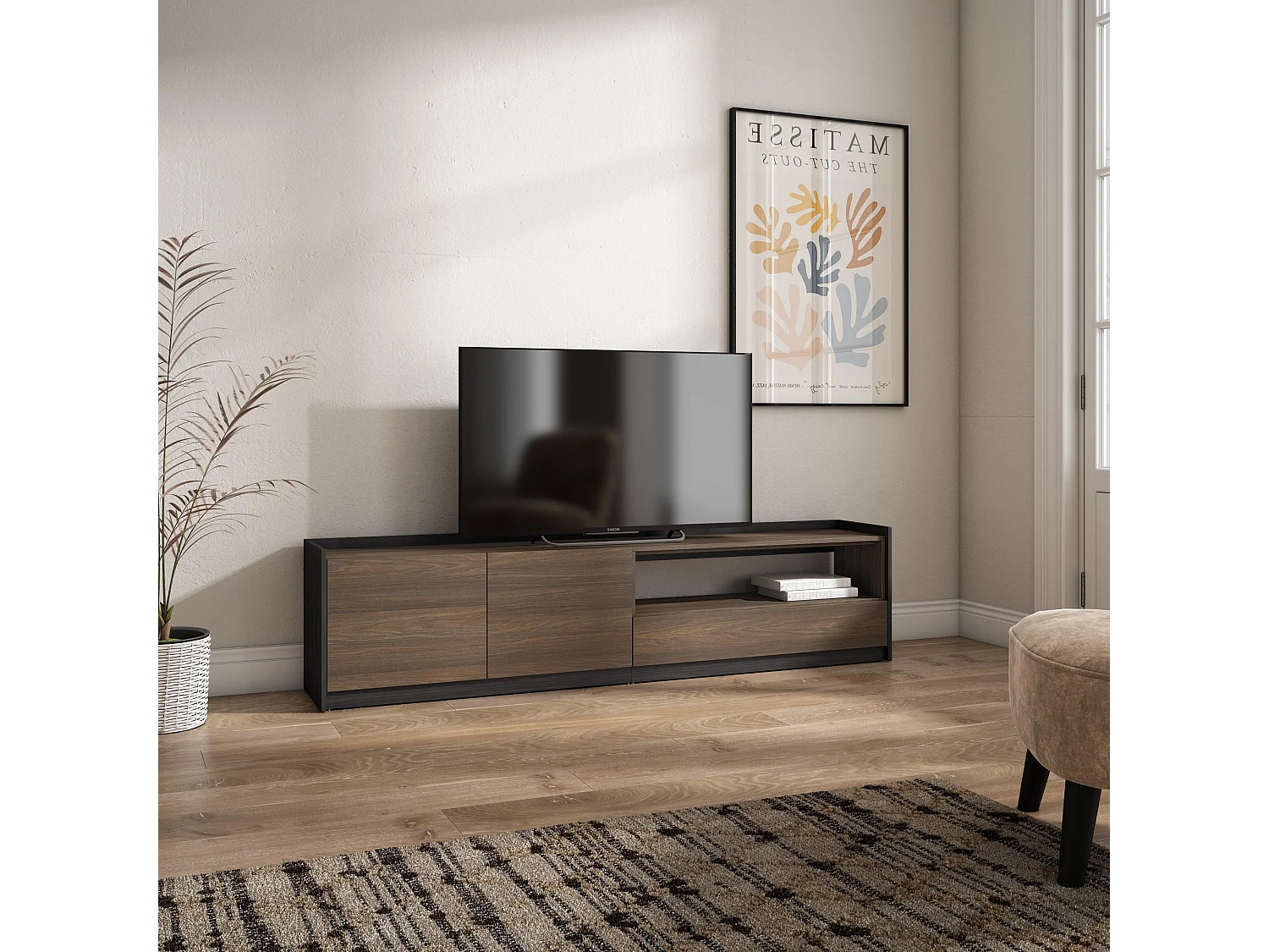 Meuble TV, Banc Télé, 207x50x37 cm, Pour les TV jusqu'à 80", Meubles de salon, Chêne foncé et Noir