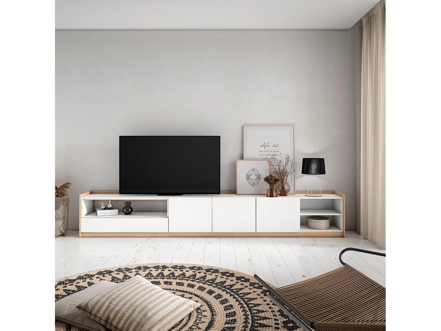 TV-Schrank, Lowboard, 310x50x37 cm, Für TV-Geräte bis zu 80", Fernsehtisch, Weiß und Eiche Soft