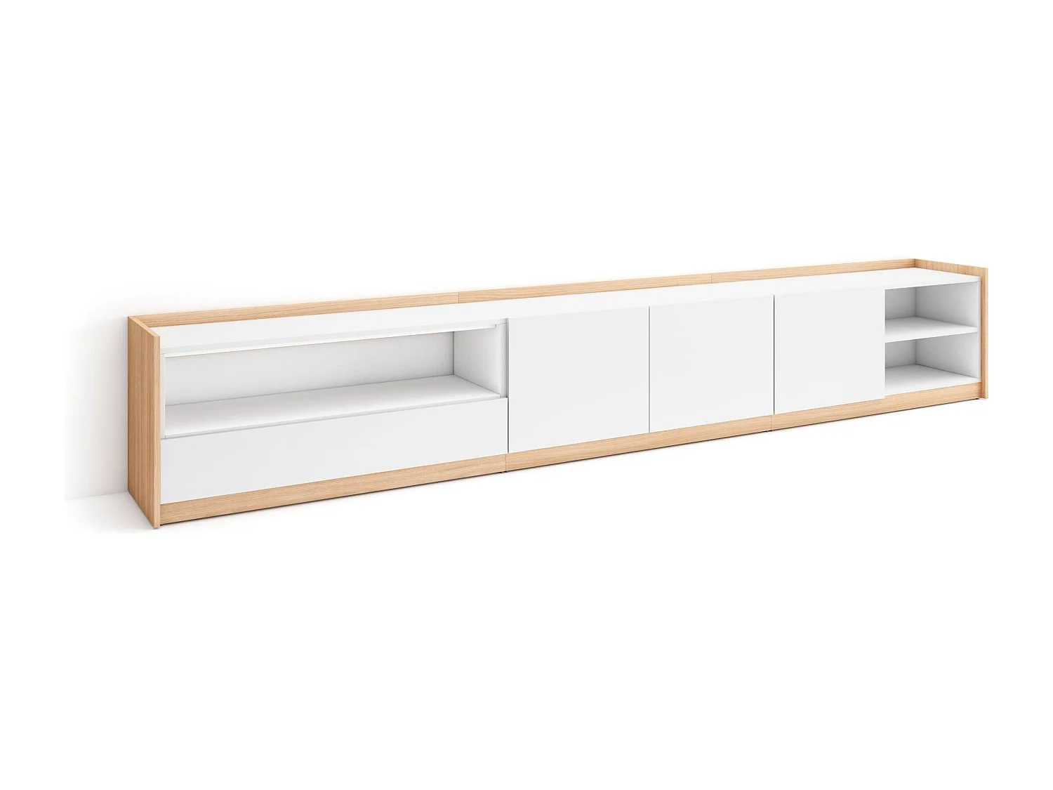 TV-Schrank, Lowboard, 310x50x37 cm, Für TV-Geräte bis zu 80", Fernsehtisch, Weiß und Eiche Soft