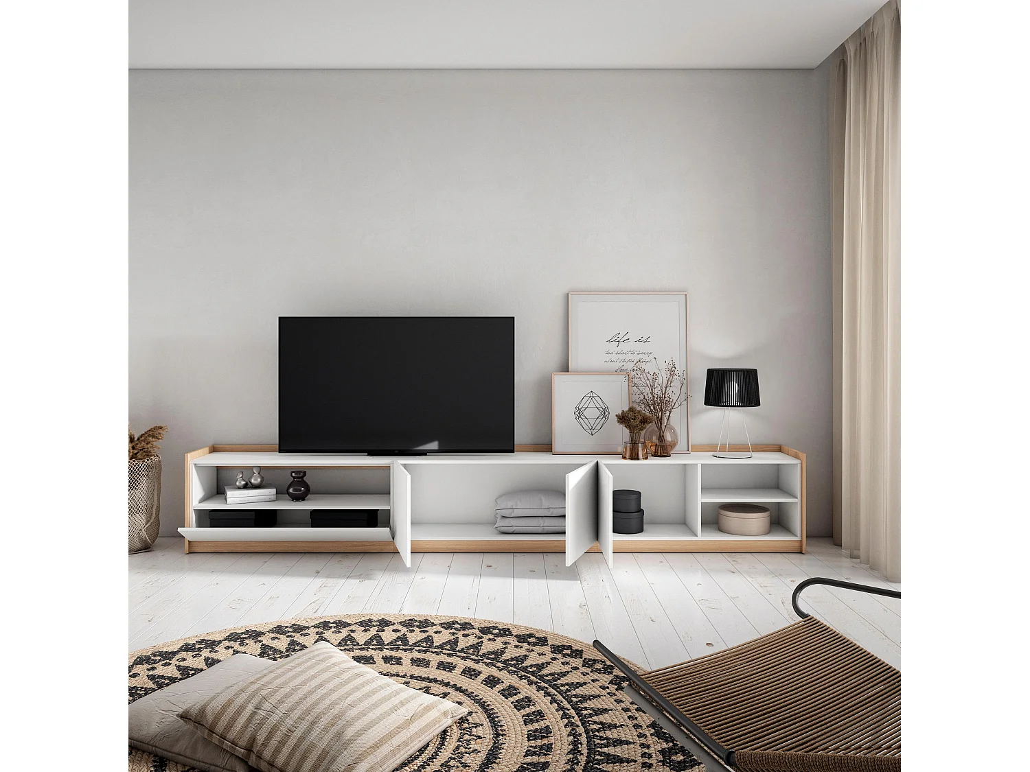 TV-Schrank, Lowboard, 310x50x37 cm, Für TV-Geräte bis zu 80", Fernsehtisch, Weiß und Eiche Soft