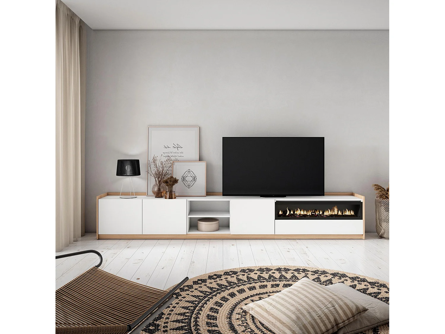 TV-Schrank, Lowboard, 310x50x37 cm, Für TV-Geräte bis zu 80", Elektrokamin., Weiß und Eiche Soft