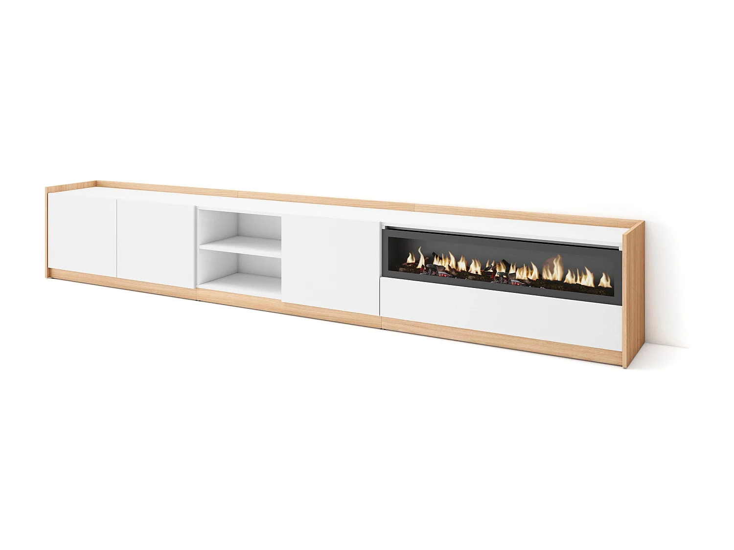 TV-Schrank, Lowboard, 310x50x37 cm, Für TV-Geräte bis zu 80", Elektrokamin., Weiß und Eiche Soft