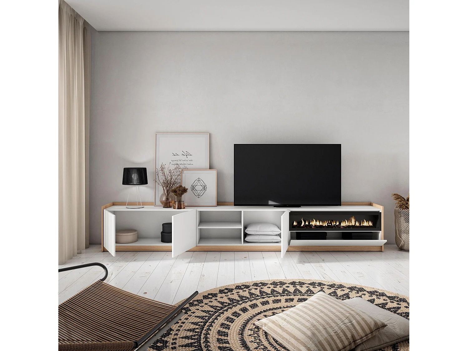 TV-Schrank, Lowboard, 310x50x37 cm, Für TV-Geräte bis zu 80", Elektrokamin., Weiß und Eiche Soft