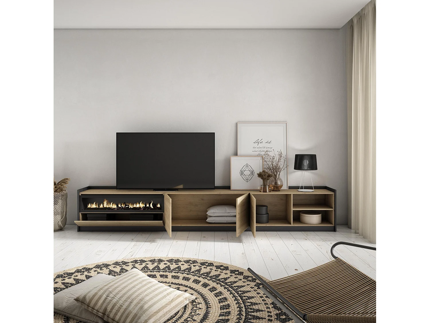 TV-Schrank, Lowboard, 310x50x37 cm, Für TV-Geräte bis zu 80", Elektrokamin., Eiche Schwarz