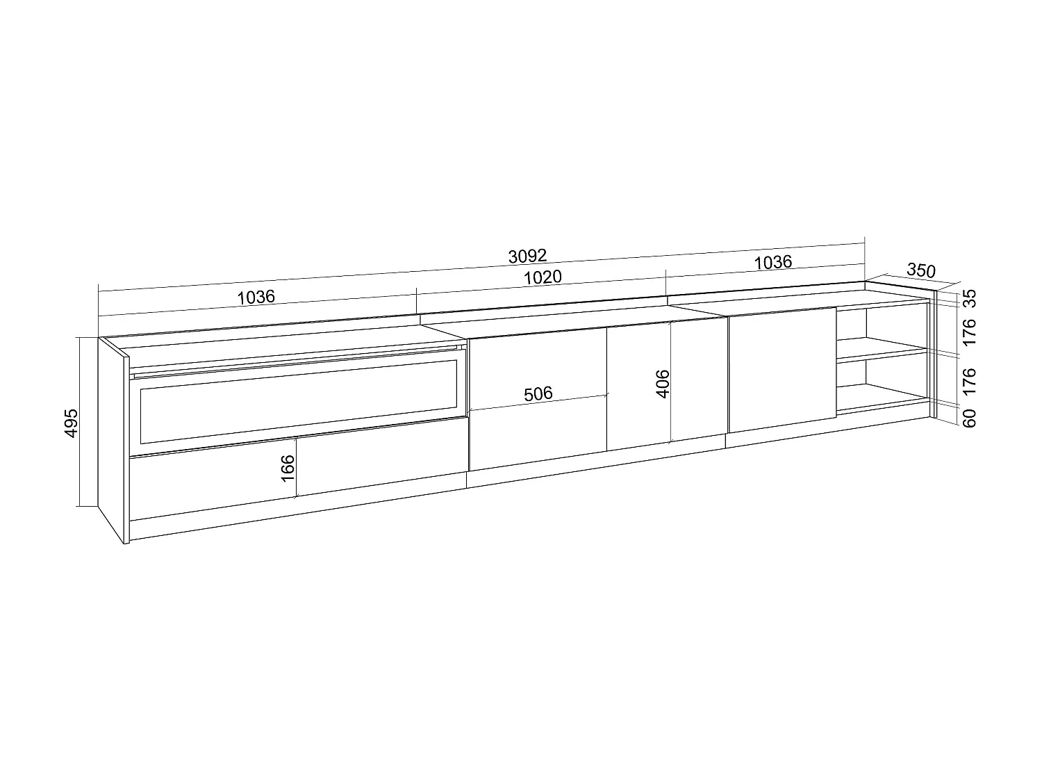 TV-Schrank, Lowboard, 310x50x37 cm, Für TV-Geräte bis zu 80", Elektrokamin., Eiche Schwarz