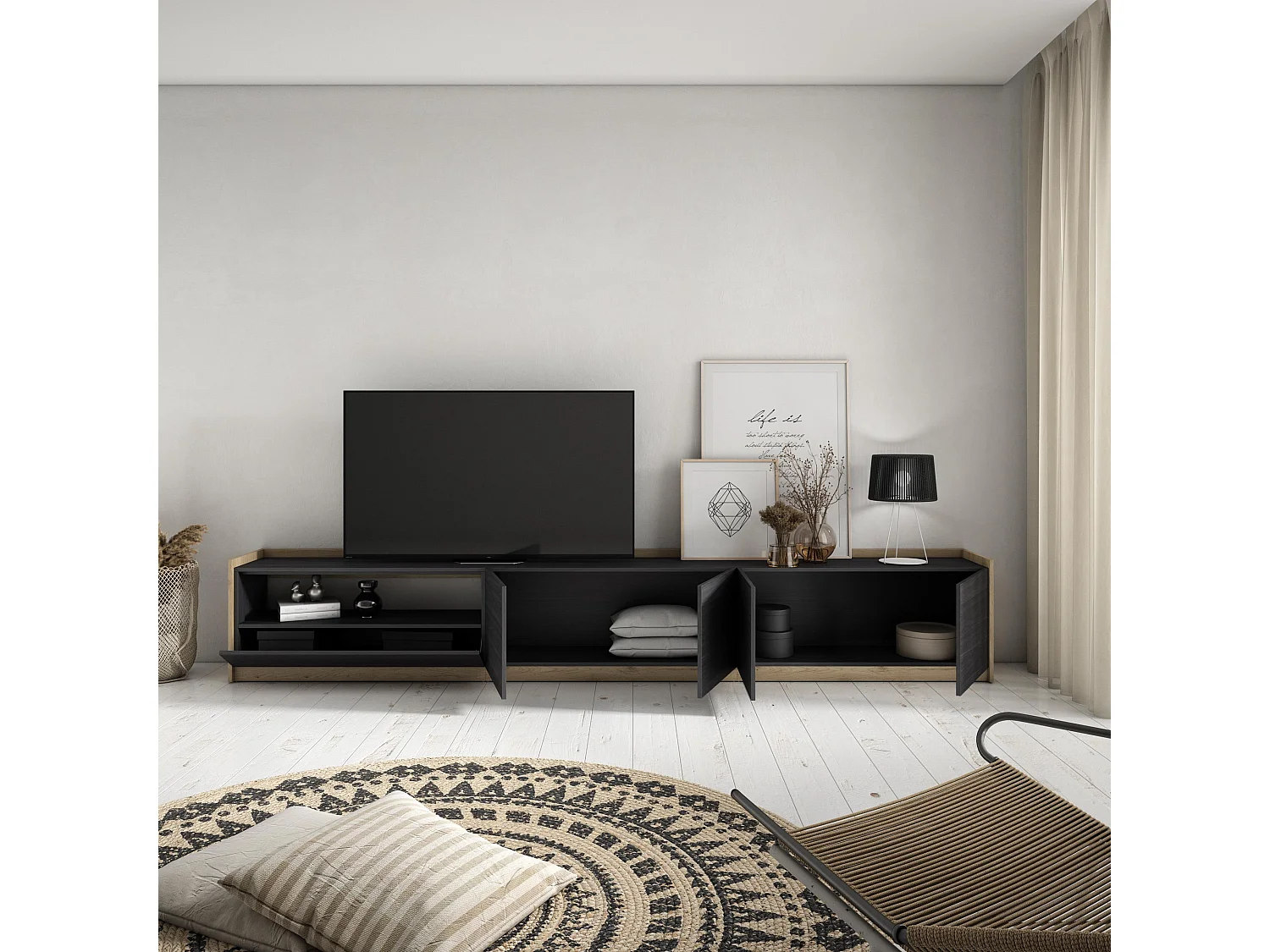 TV-Schrank, Lowboard, 310x50x37 cm, Für TV-Geräte bis zu 80", Fernsehtisch, Schwarz Eiche