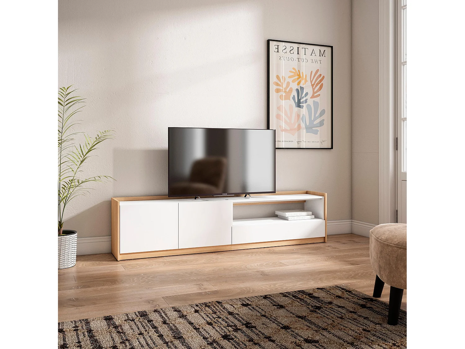 TV-Schrank, Lowboard, 207x50x37 cm, Für TV-Geräte bis zu 80", Fernsehtisch, Weiß und Eiche Soft