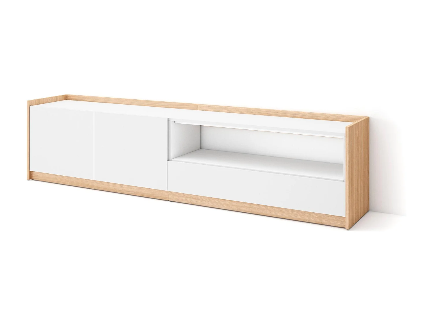 TV-Schrank, Lowboard, 207x50x37 cm, Für TV-Geräte bis zu 80", Fernsehtisch, Weiß und Eiche Soft
