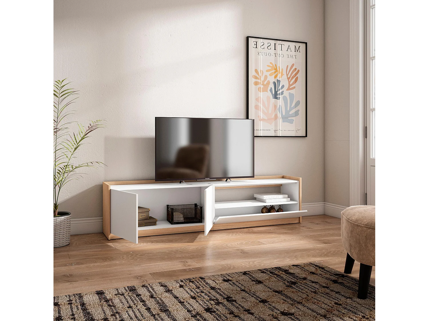 TV-Schrank, Lowboard, 207x50x37 cm, Für TV-Geräte bis zu 80", Fernsehtisch, Weiß und Eiche Soft