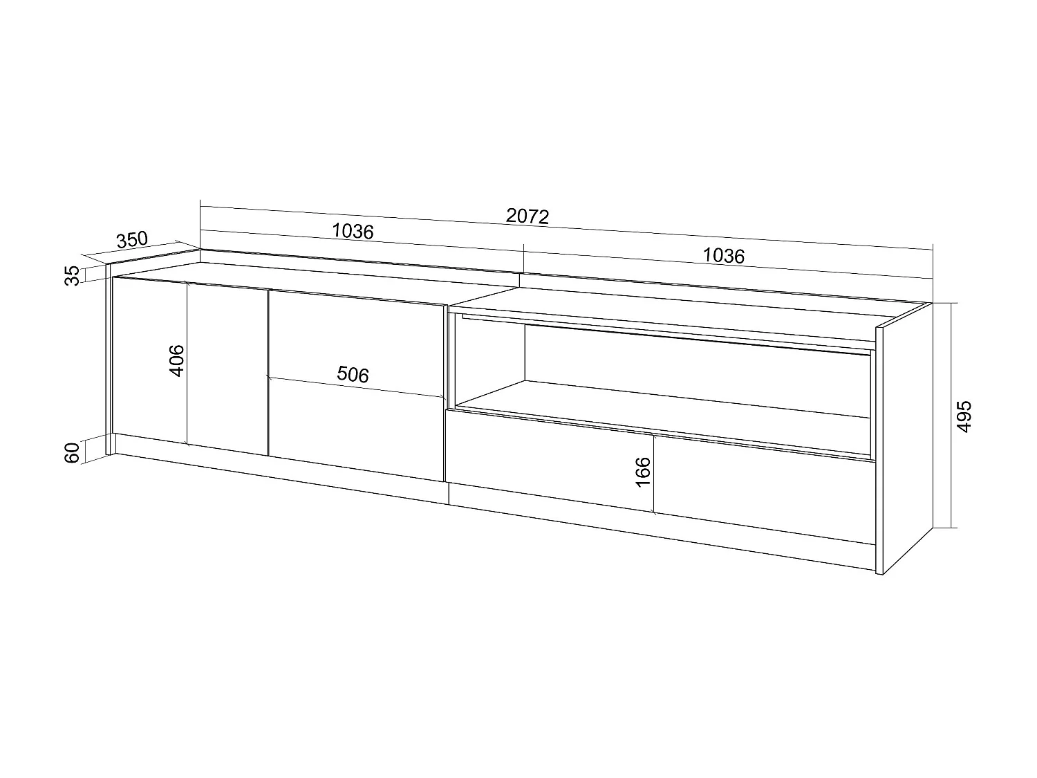 TV-Schrank, Lowboard, 207x50x37 cm, Für TV-Geräte bis zu 80", Fernsehtisch, Weiß und Eiche Soft