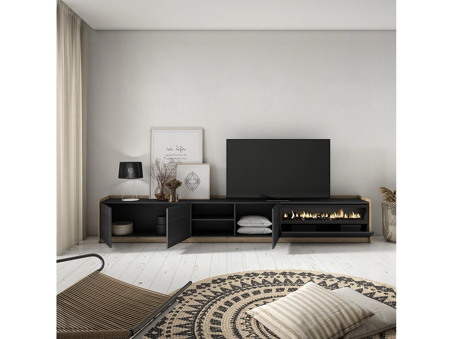 TV-Schrank, Lowboard, 310x50x37 cm, Für TV-Geräte bis zu 80", Elektrokamin., Schwarz Eiche