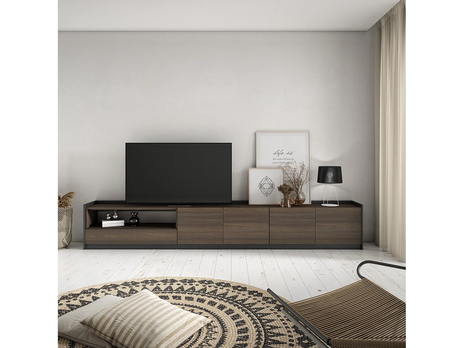 Meuble TV, Banc Télé, 310x50x37 cm, Pour les TV jusqu'à 80", Meubles de salon, Chêne foncé et Noir