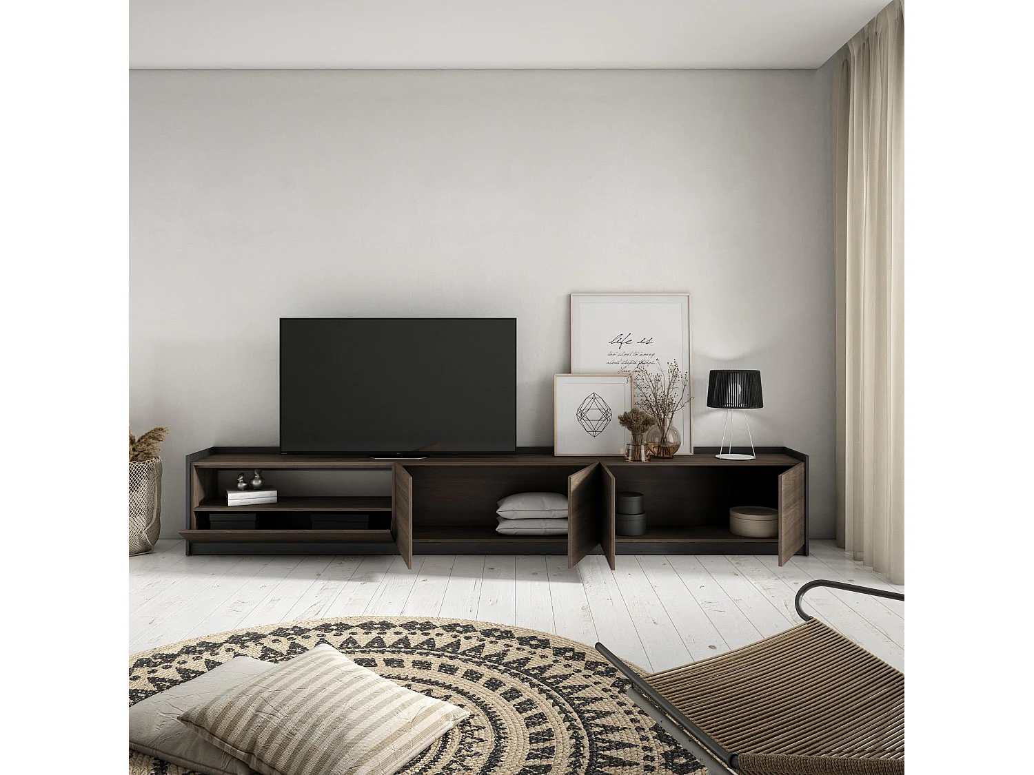 Meuble TV, Banc Télé, 310x50x37 cm, Pour les TV jusqu'à 80", Meubles de salon, Chêne foncé et Noir