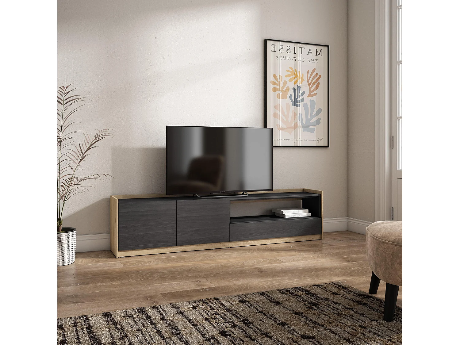 TV-Schrank, Lowboard, 207x50x37 cm, Für TV-Geräte bis zu 80", Fernsehtisch, Schwarz Eiche