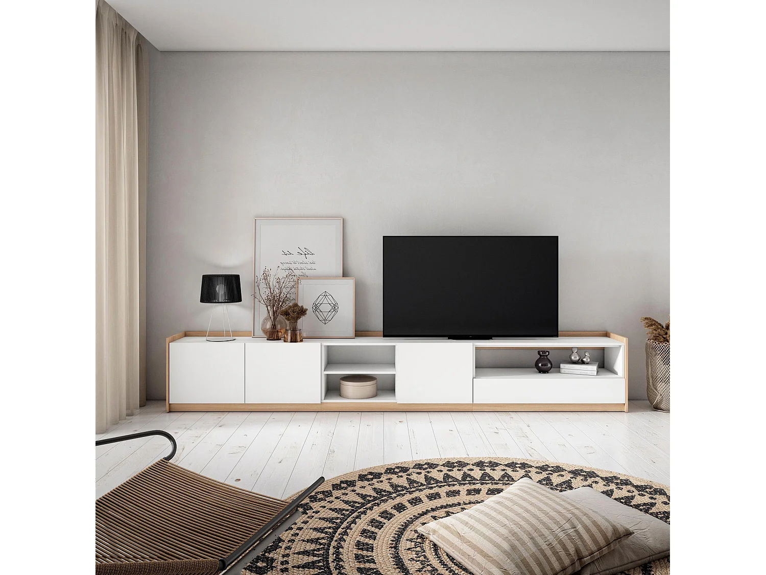 TV-Schrank, Lowboard, 310x50x37 cm, Für TV-Geräte bis zu 80", Fernsehtisch, Weiß und Eiche Soft