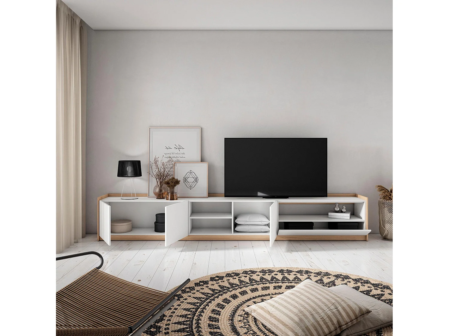 TV-Schrank, Lowboard, 310x50x37 cm, Für TV-Geräte bis zu 80", Fernsehtisch, Weiß und Eiche Soft