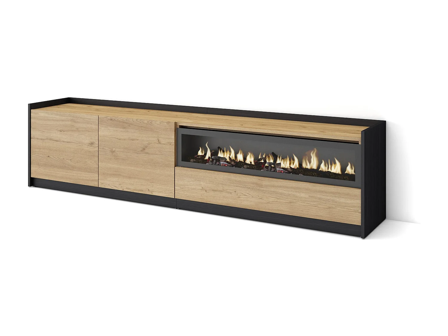 TV-Schrank, Lowboard, 207x50x37 cm, Für TV-Geräte bis zu 80", Elektrokamin., Eiche Schwarz