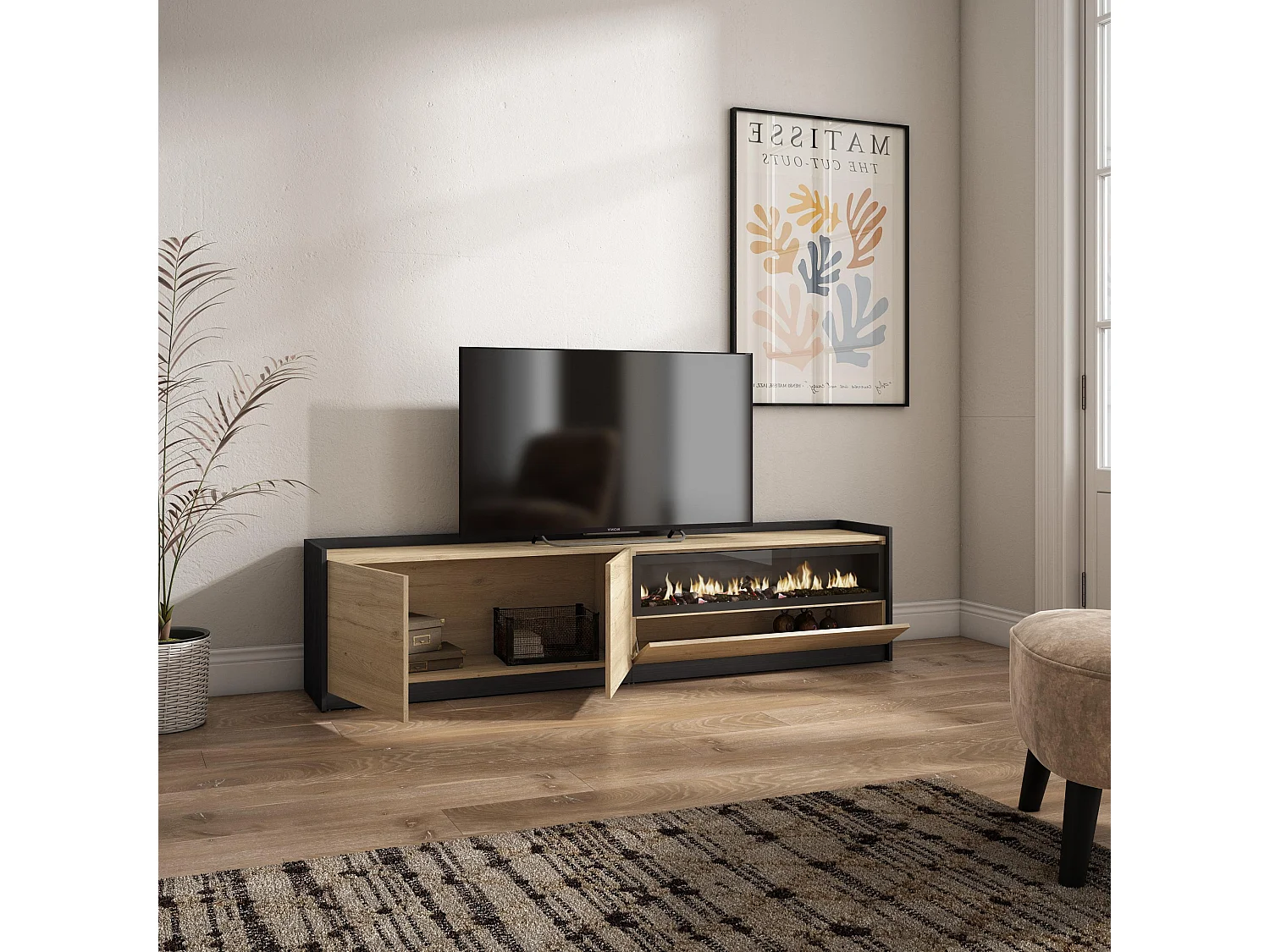 TV-Schrank, Lowboard, 207x50x37 cm, Für TV-Geräte bis zu 80", Elektrokamin., Eiche Schwarz