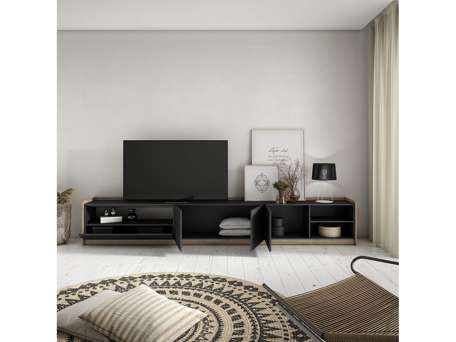 TV-Schrank, Lowboard, 310x50x37 cm, Für TV-Geräte bis zu 80", Fernsehtisch, Schwarz Eiche