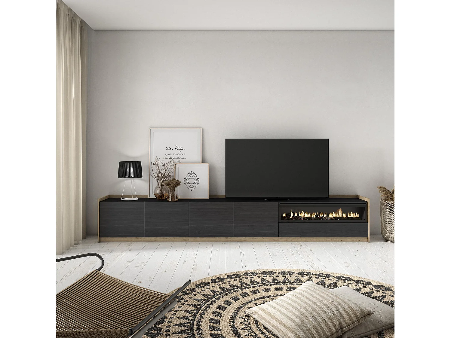 TV-Schrank, Lowboard, 310x50x37 cm, Für TV-Geräte bis zu 80", Elektrokamin., Schwarz Eiche