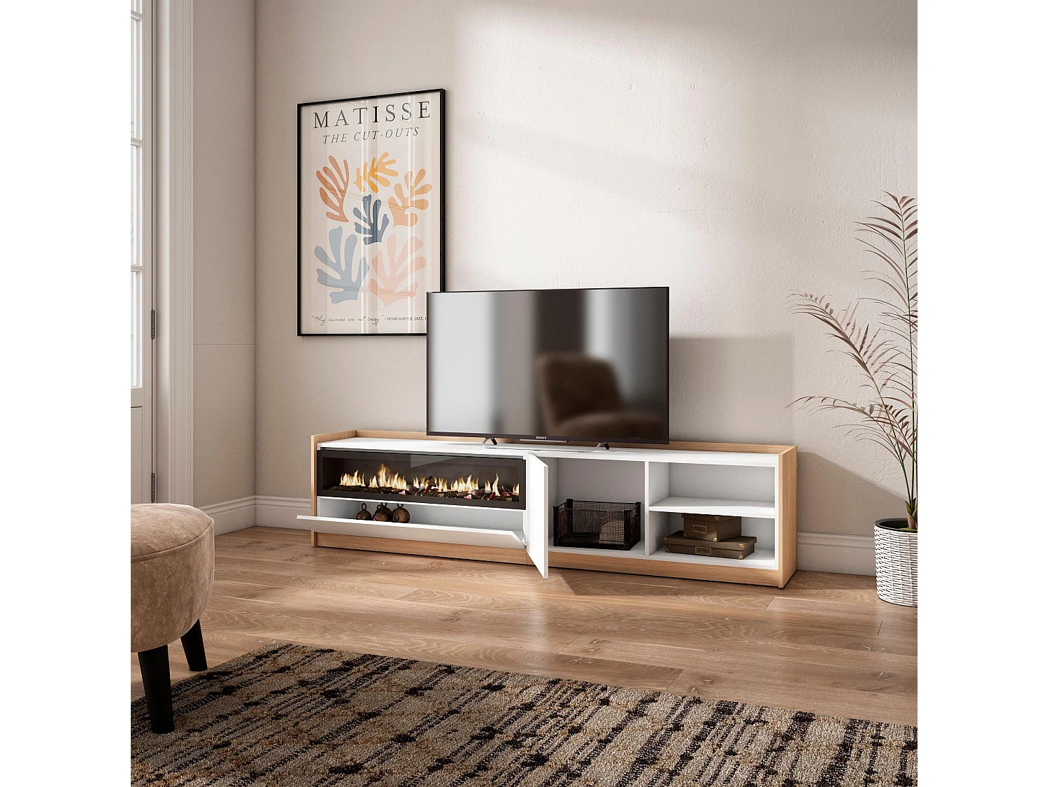 TV-Schrank, Lowboard, 207x50x37 cm, Für TV-Geräte bis zu 80", Elektrokamin., Weiß und Eiche Soft