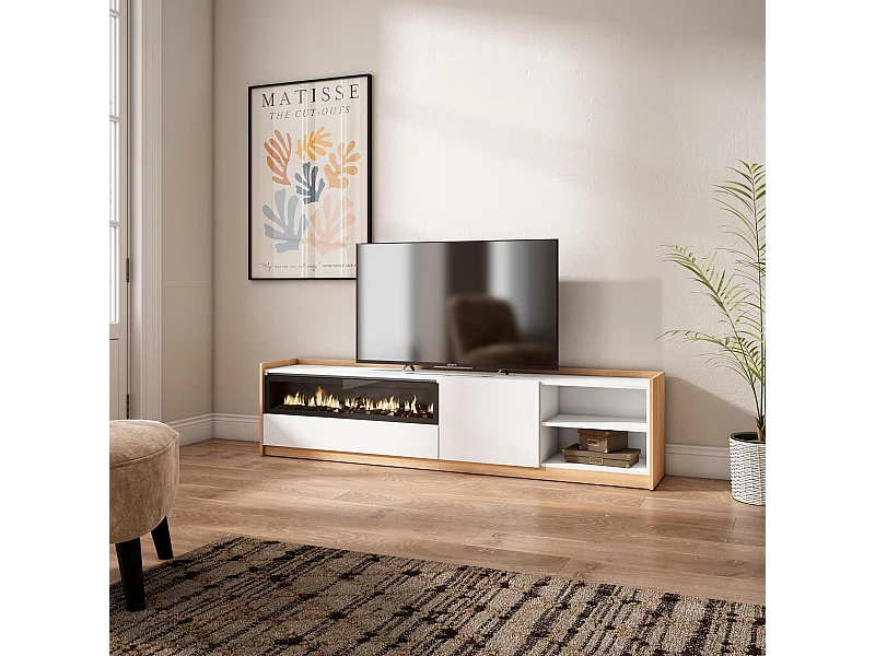 Mueble TV, Televisión, 207x50x37 cm, Para TV hasta 80", Chimenea eléctrica, Blanco y roble soft