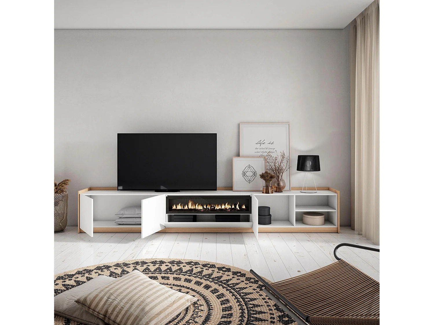 TV-Schrank, Lowboard, 310x50x37 cm, Für TV-Geräte bis zu 80", Elektrokamin., Weiß und Eiche Soft