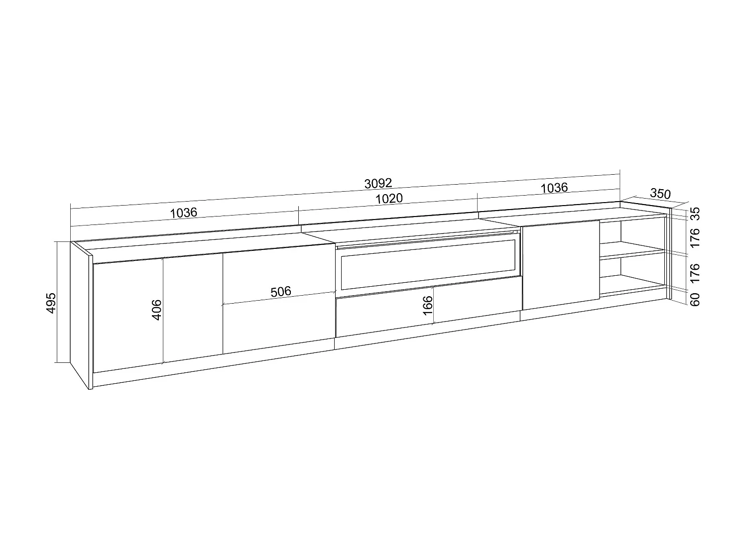 TV-Schrank, Lowboard, 310x50x37 cm, Für TV-Geräte bis zu 80", Elektrokamin., Weiß und Eiche Soft