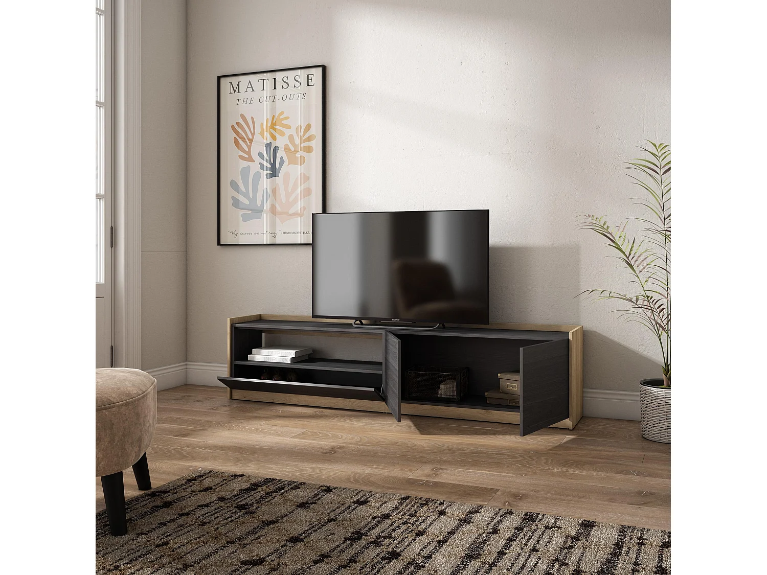 TV-Schrank, Lowboard, 207x50x37 cm, Für TV-Geräte bis zu 80", Fernsehtisch, Schwarz Eiche