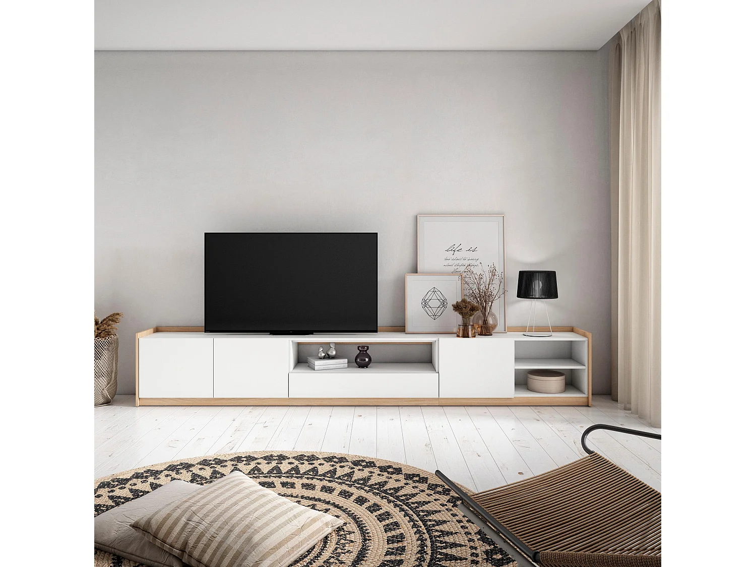 TV-Schrank, Lowboard, 310x50x37 cm, Für TV-Geräte bis zu 80", Fernsehtisch, Weiß und Eiche Soft