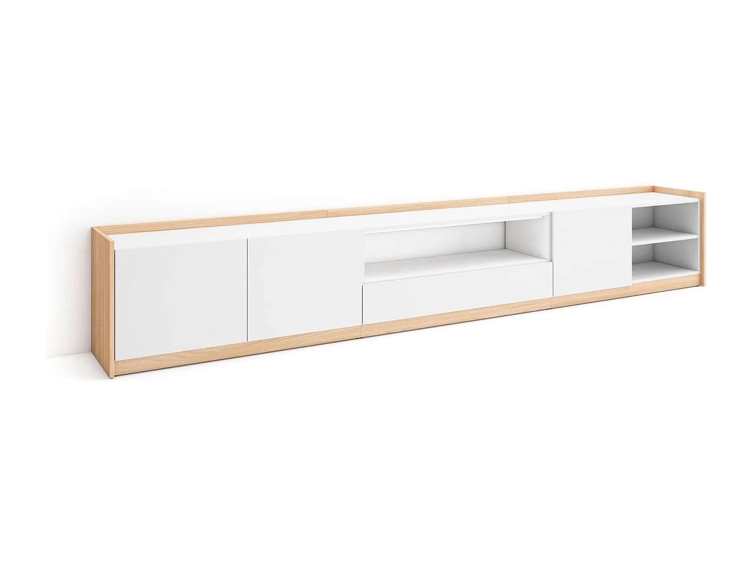 TV-Schrank, Lowboard, 310x50x37 cm, Für TV-Geräte bis zu 80", Fernsehtisch, Weiß und Eiche Soft
