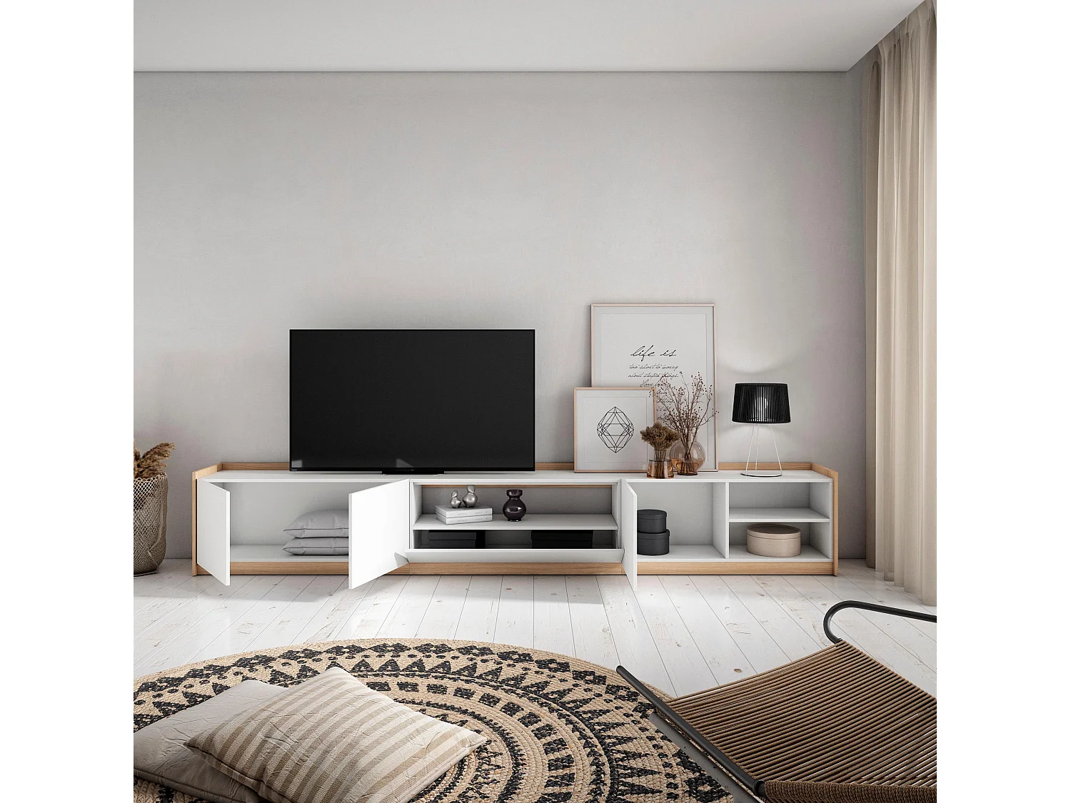 TV-Schrank, Lowboard, 310x50x37 cm, Für TV-Geräte bis zu 80", Fernsehtisch, Weiß und Eiche Soft