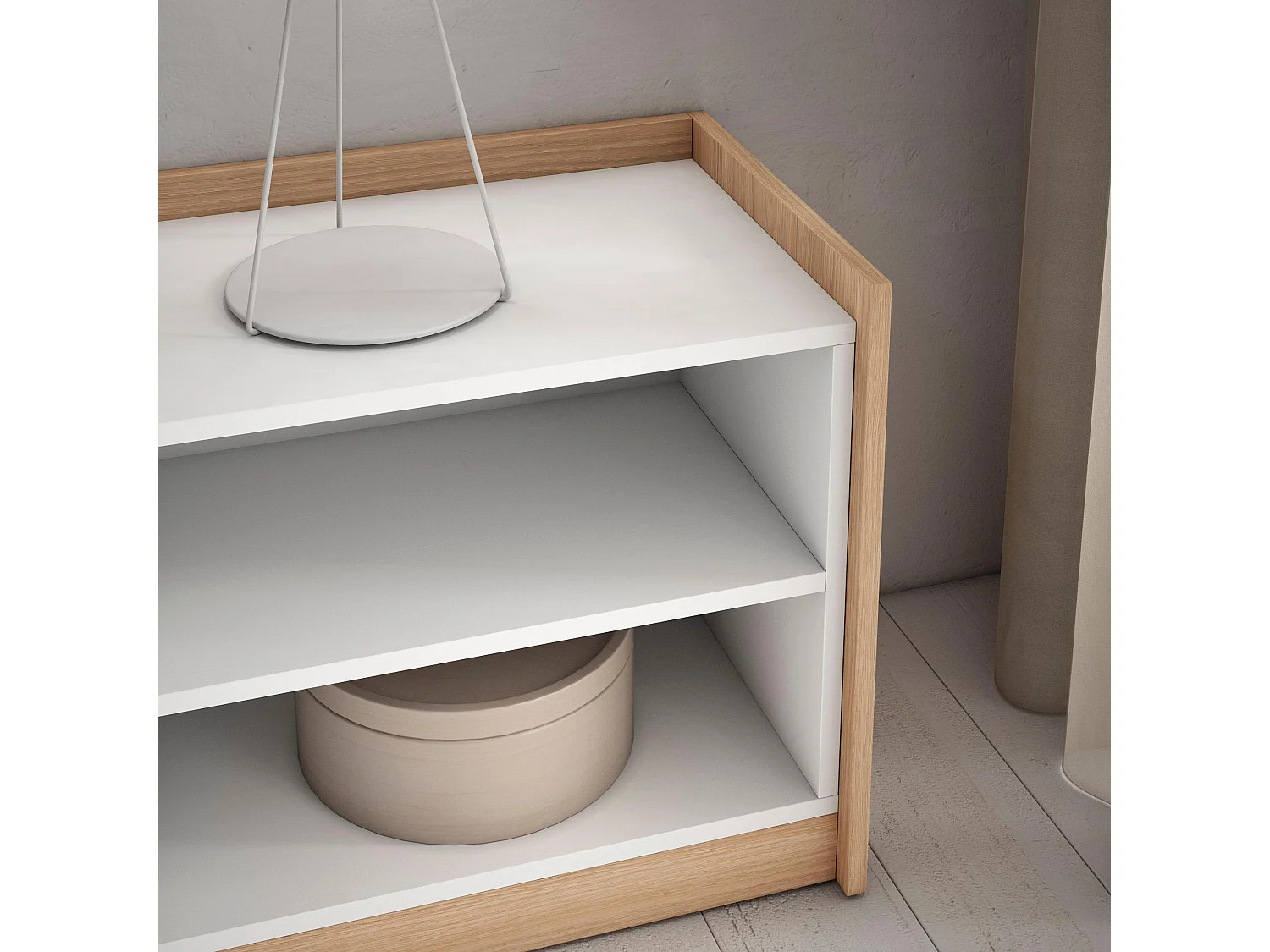 TV-Schrank, Lowboard, 310x50x37 cm, Für TV-Geräte bis zu 80", Fernsehtisch, Weiß und Eiche Soft