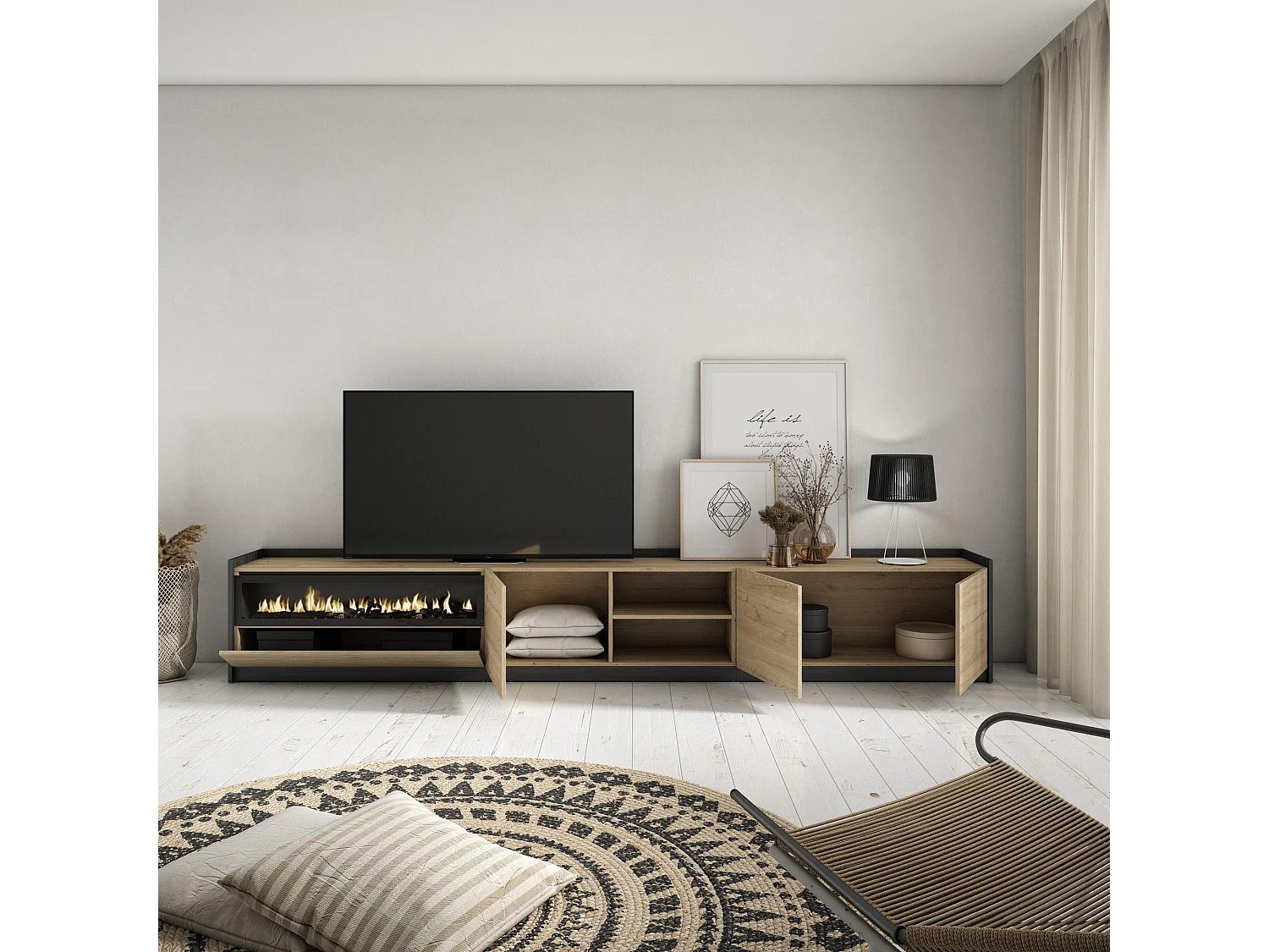 TV-Schrank, Lowboard, 310x50x37 cm, Für TV-Geräte bis zu 80", Elektrokamin., Eiche Schwarz
