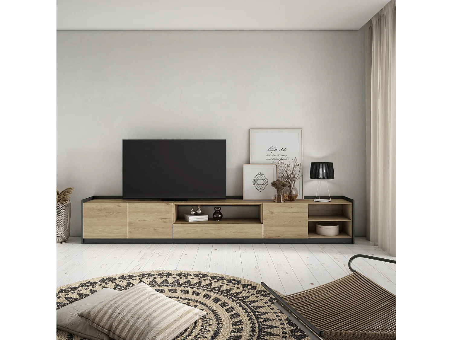 TV-Schrank, Lowboard, 310x50x37 cm, Für TV-Geräte bis zu 80", Fernsehtisch, Eiche Schwarz