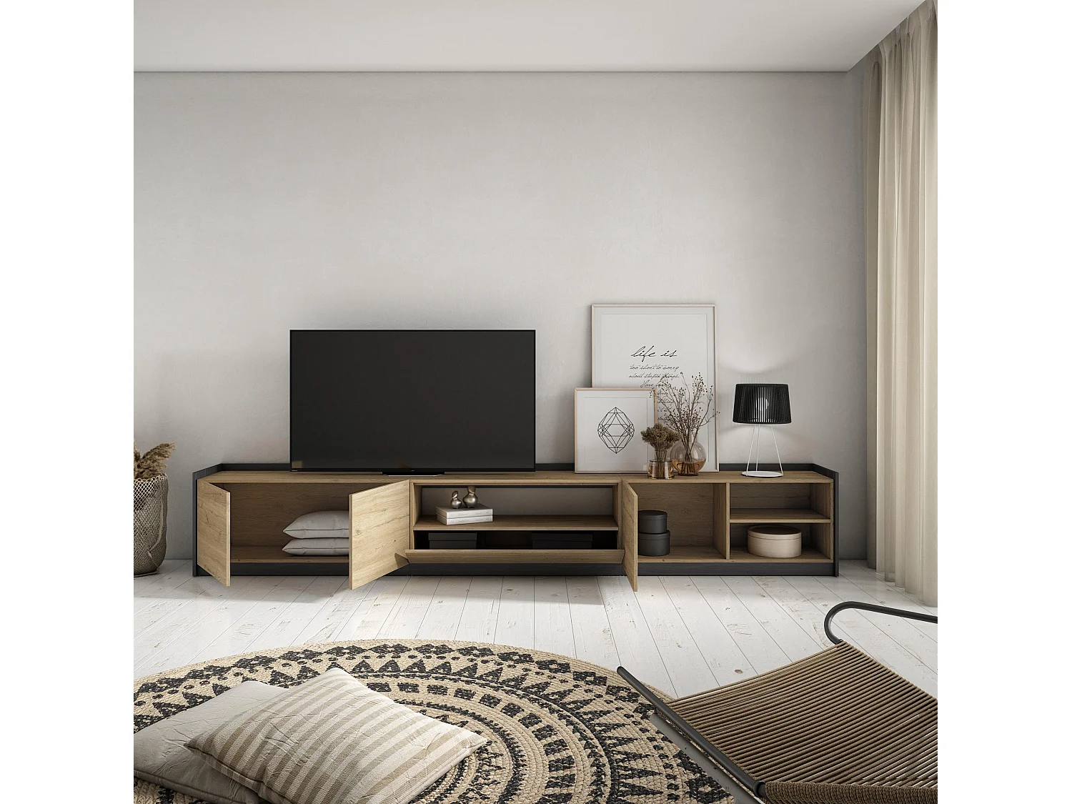 TV-Schrank, Lowboard, 310x50x37 cm, Für TV-Geräte bis zu 80", Fernsehtisch, Eiche Schwarz