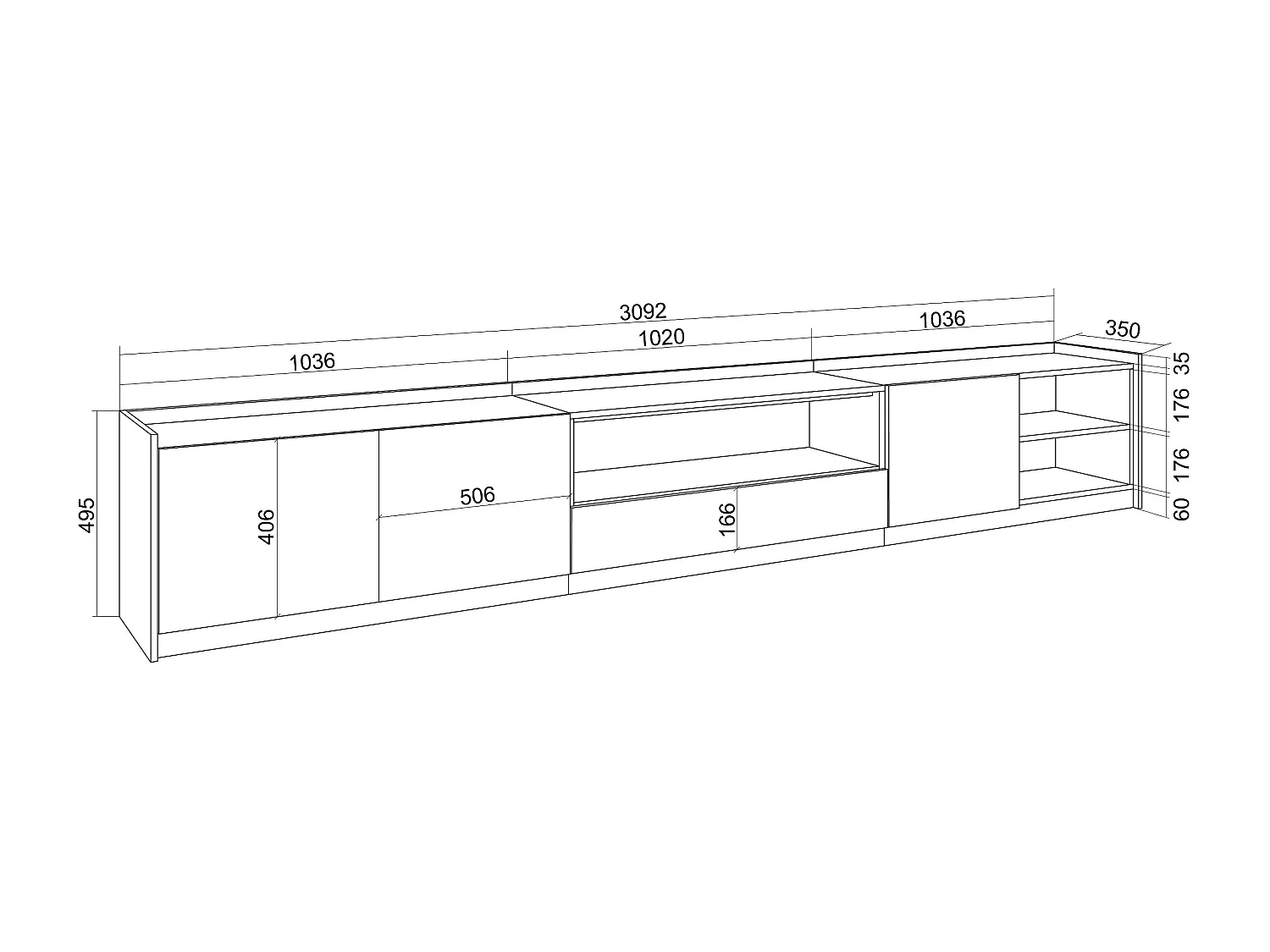 TV-Schrank, Lowboard, 310x50x37 cm, Für TV-Geräte bis zu 80", Fernsehtisch, Eiche Schwarz