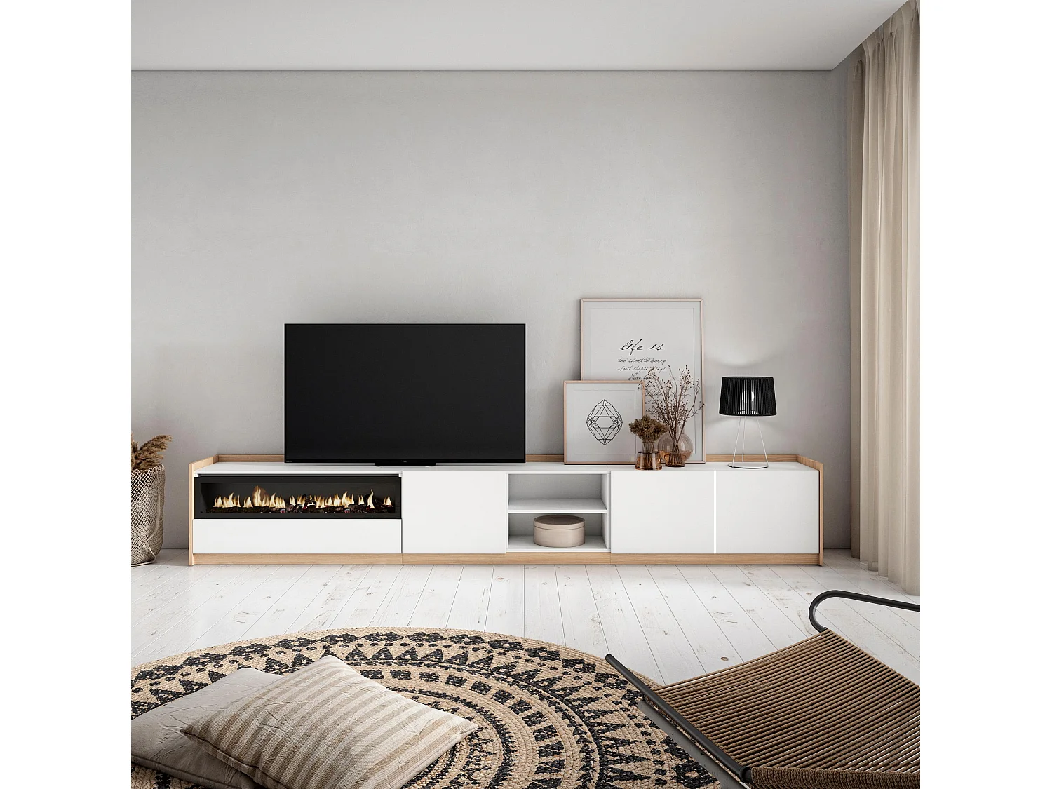 TV-Schrank, Lowboard, 310x50x37 cm, Für TV-Geräte bis zu 80", Elektrokamin., Weiß und Eiche Soft