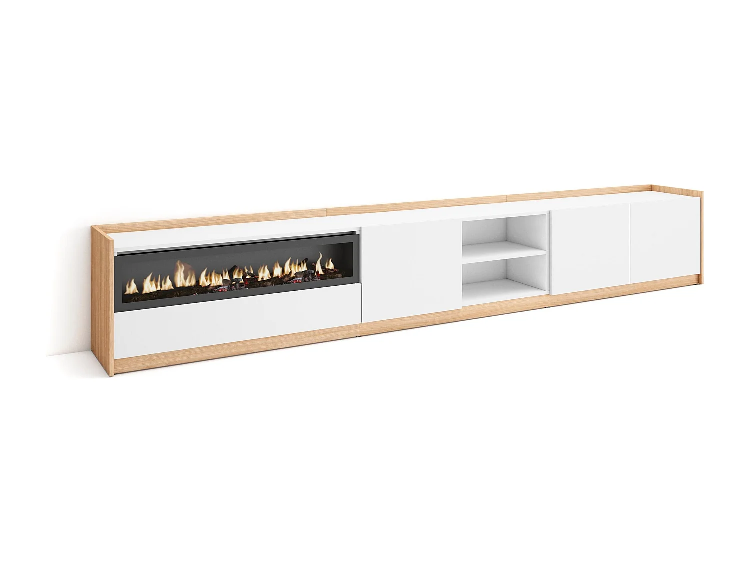 TV-Schrank, Lowboard, 310x50x37 cm, Für TV-Geräte bis zu 80", Elektrokamin., Weiß und Eiche Soft