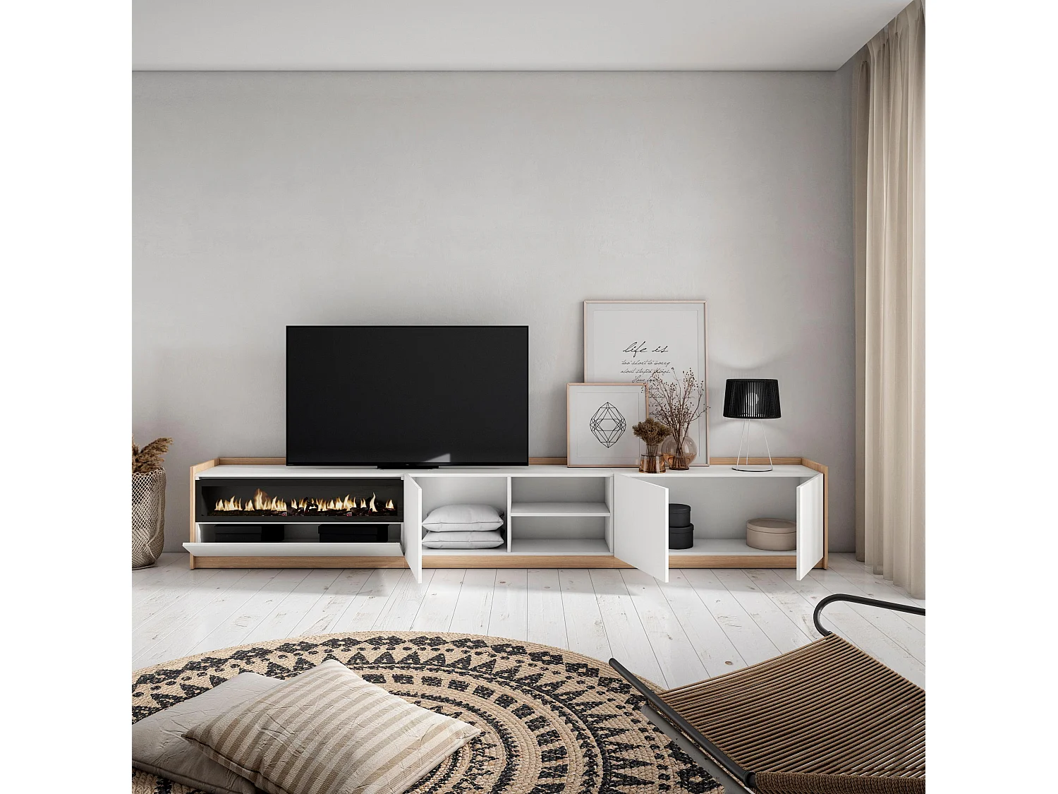 TV-Schrank, Lowboard, 310x50x37 cm, Für TV-Geräte bis zu 80", Elektrokamin., Weiß und Eiche Soft