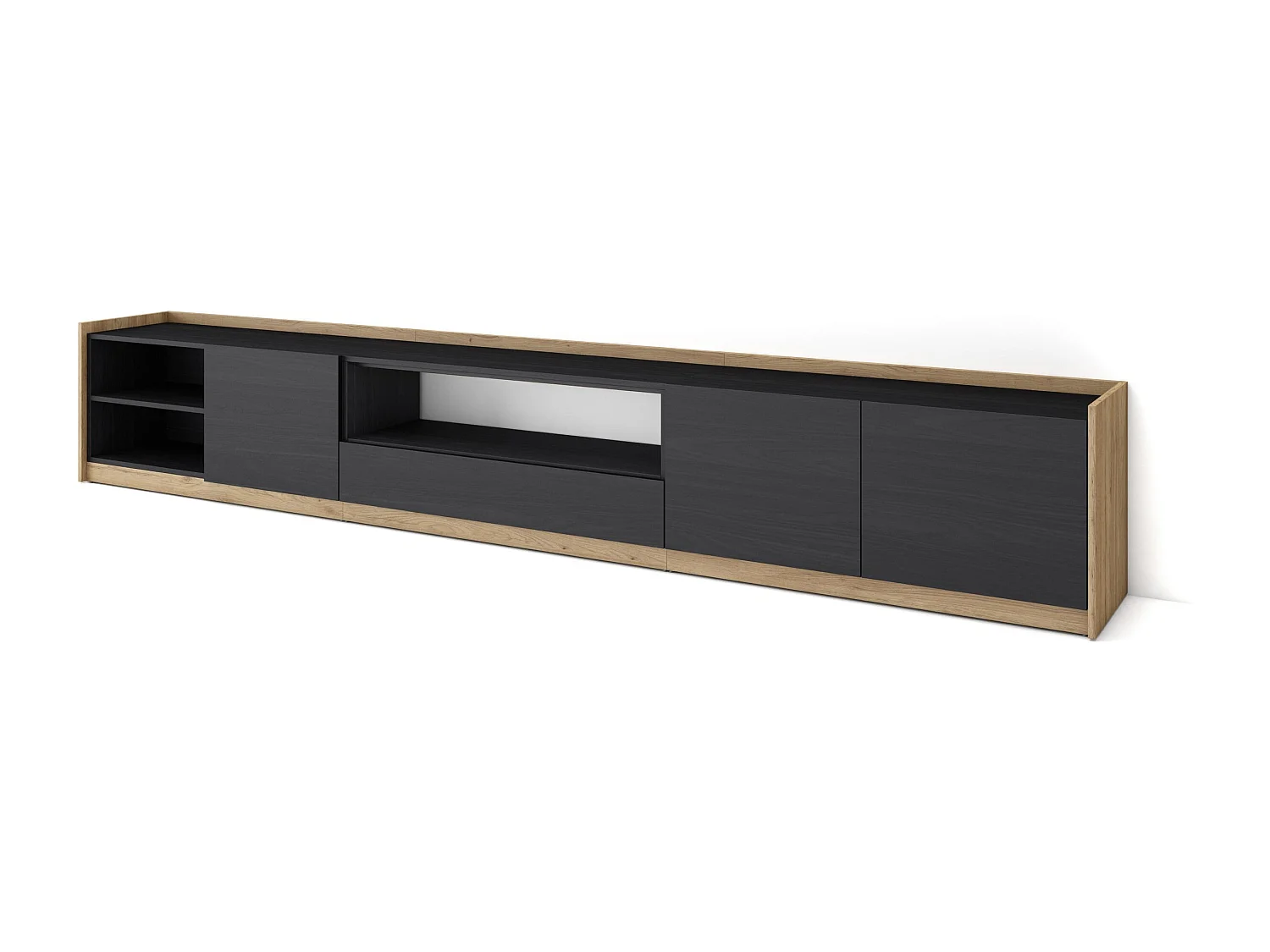 TV-Schrank, Lowboard, 310x50x37 cm, Für TV-Geräte bis zu 80", Fernsehtisch, Schwarz Eiche