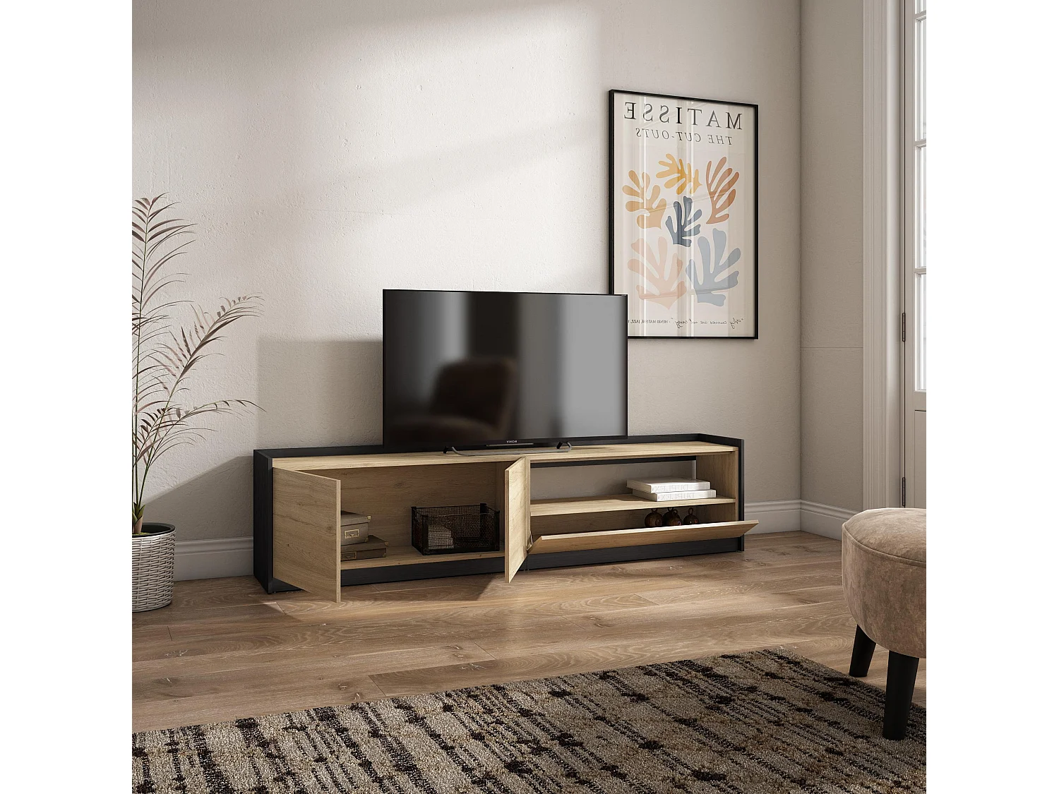 TV-Schrank, Lowboard, 207x50x37 cm, Für TV-Geräte bis zu 80", Fernsehtisch, Eiche Schwarz