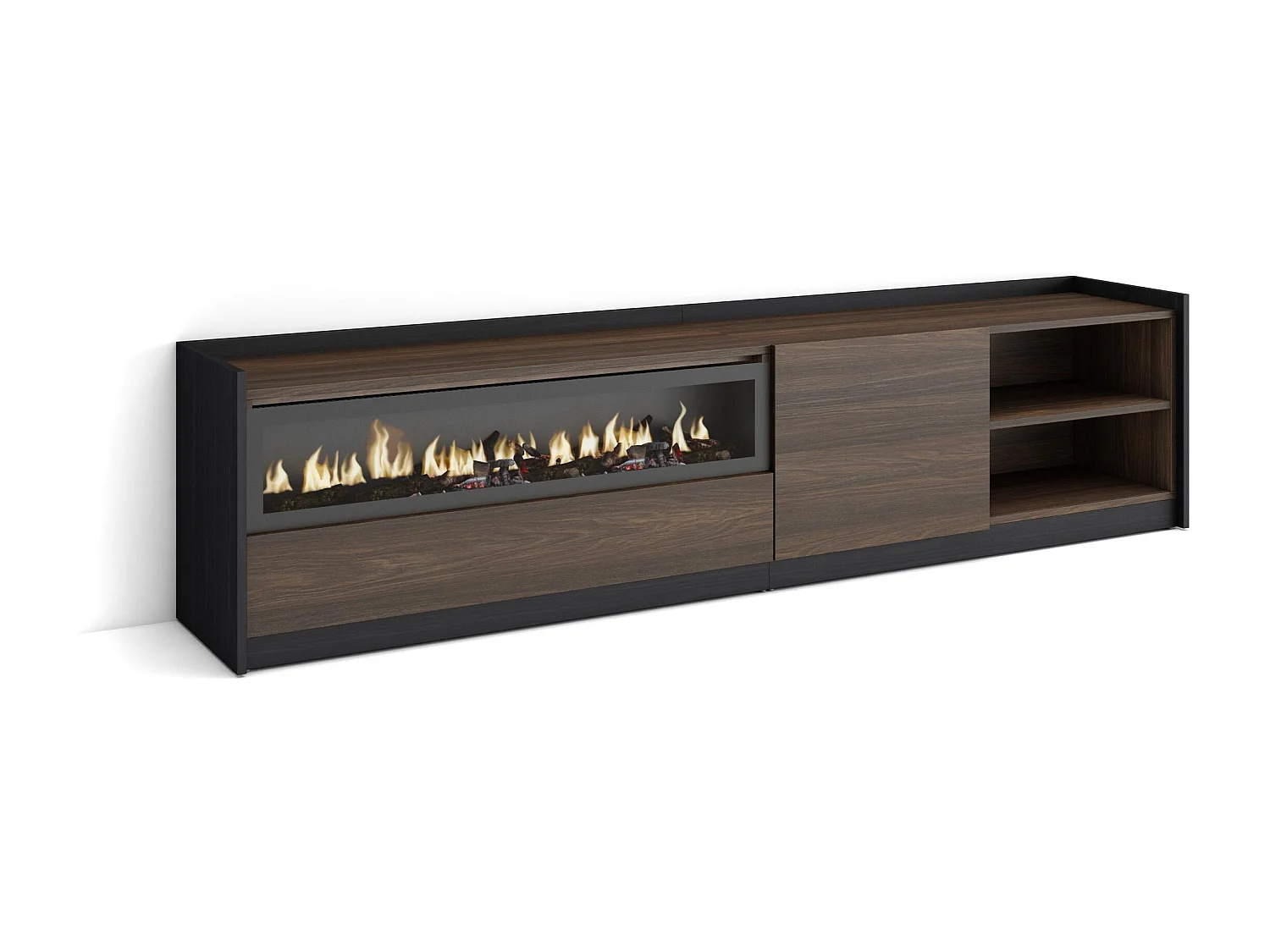 TV-Meubel, Lowboard, 207x50x37 cm, Voor tv's tot 80", Elektrische haard, Donkere eik en Zwart